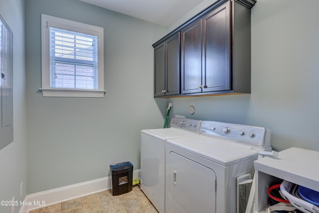 laundry room featuring cabinet space, washer and clothes dryer, and baseboards