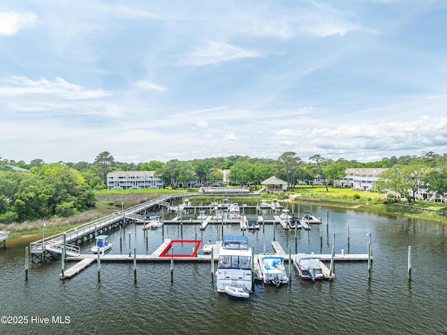 dock area featuring a water view, view of marina, and view of scattered trees