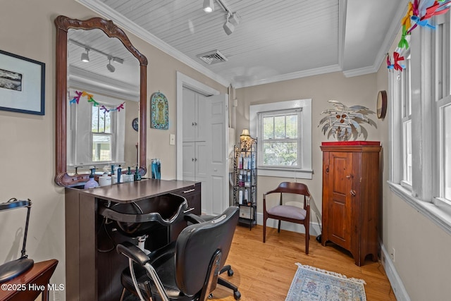 office featuring track lighting, a healthy amount of sunlight, and light wood finished floors