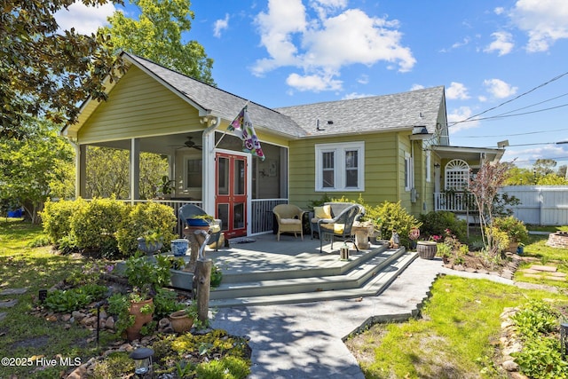 back of house featuring ceiling fan, a wooden deck, fence, french doors, and a shingled roof