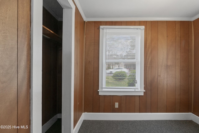 interior space featuring wooden walls, carpet floors, baseboards, and ornamental molding