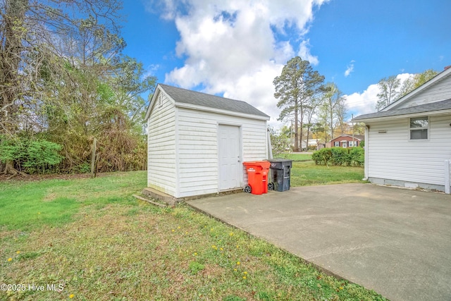 exterior space with a storage shed