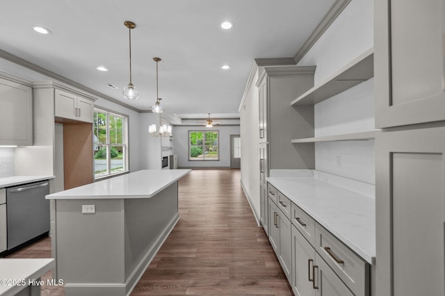 kitchen with recessed lighting, open shelves, dishwasher, and light countertops