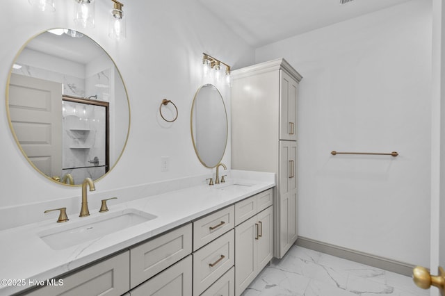 bathroom featuring a sink, a shower, double vanity, and marble finish floor