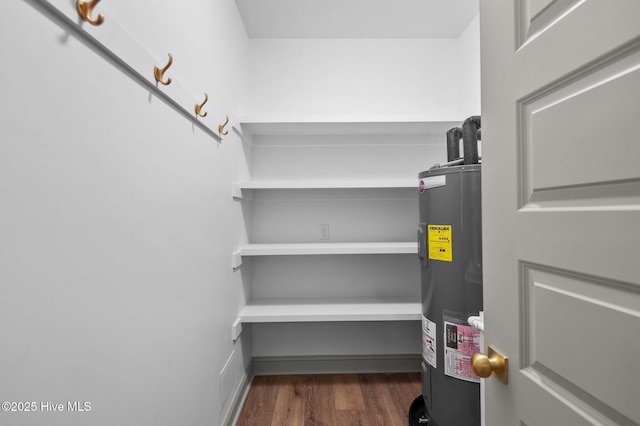 walk in closet featuring dark wood-style flooring and electric water heater
