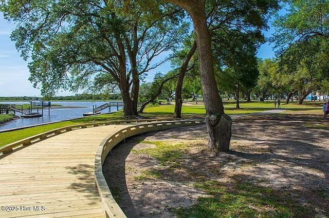 view of community featuring a water view and a dock