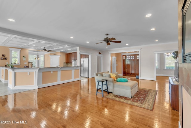 3400 Canmorre Ct, Fayetteville, NC 28306 - living room with light wood-style flooring, baseboards, a ceiling fan, and recessed lighting
