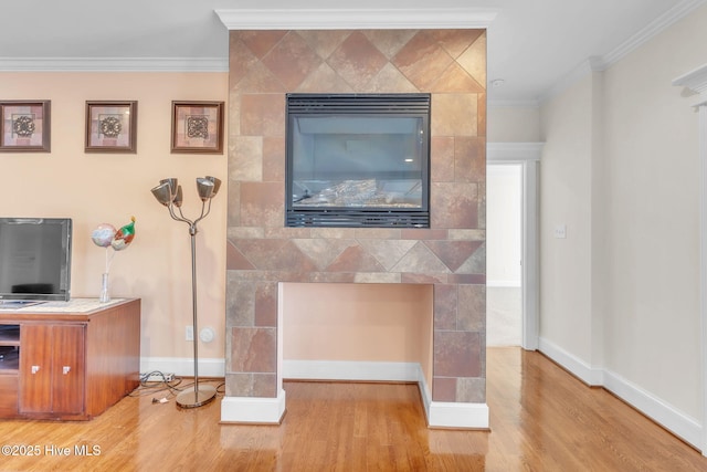 3400 Canmorre Ct, Fayetteville, NC 28306 - details with crown molding, wood finished floors, a tiled fireplace, and baseboards