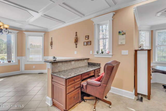 3400 Canmorre Ct, Fayetteville, NC 28306 - home office featuring baseboards, ornamental molding, light tile patterned flooring, visible vents, and coffered ceiling