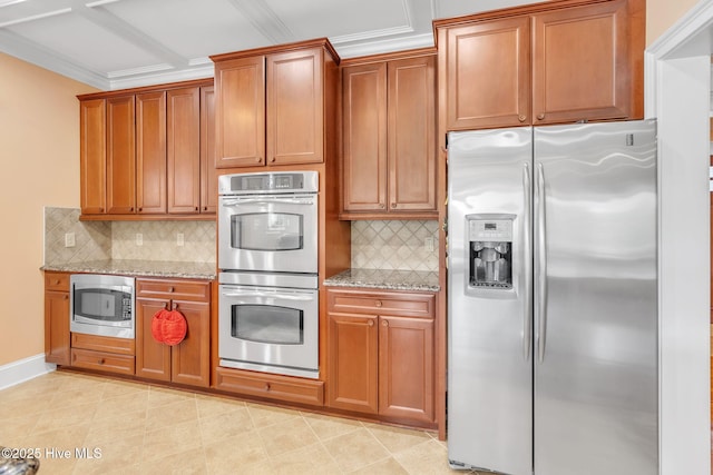 3400 Canmorre Ct, Fayetteville, NC 28306 - kitchen featuring light stone countertops, ornamental molding, backsplash, and appliances with stainless steel finishes