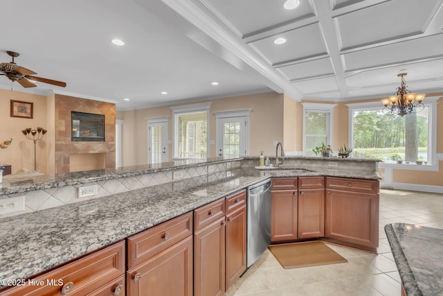3400 Canmorre Ct, Fayetteville, NC 28306 - kitchen with light tile patterned floors, ornamental molding, light stone counters, dishwasher, and a sink