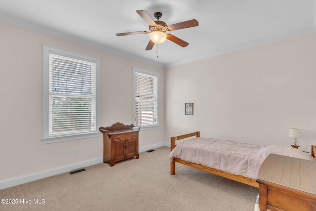 3400 Canmorre Ct, Fayetteville, NC 28306 - bedroom with crown molding, visible vents, baseboards, and light colored carpet