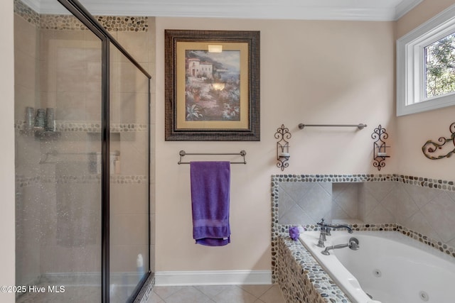 3400 Canmorre Ct, Fayetteville, NC 28306 - bathroom with crown molding, a shower stall, a tub with jets, tile patterned flooring, and baseboards