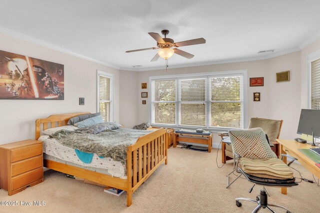 3400 Canmorre Ct, Fayetteville, NC 28306 - bedroom with carpet flooring, ceiling fan, ornamental molding, and visible vents