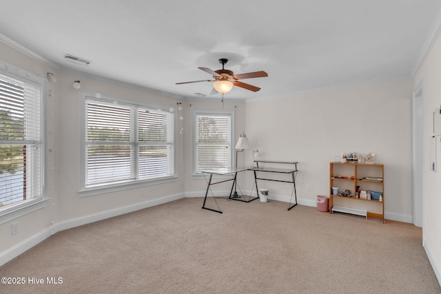 3400 Canmorre Ct, Fayetteville, NC 28306 - living area with baseboards, ornamental molding, visible vents, ceiling fan, and carpet