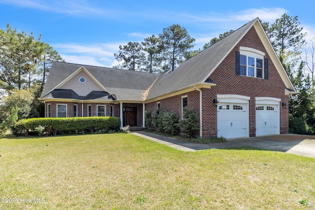 3400 Canmorre Ct, Fayetteville, NC 28306 - view of front facade featuring a front yard, an attached garage, brick siding, driveway, and roof with shingles