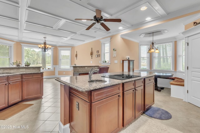 3400 Canmorre Ct, Fayetteville, NC 28306 - kitchen with brown cabinetry, a sink, coffered ceiling, and black electric cooktop