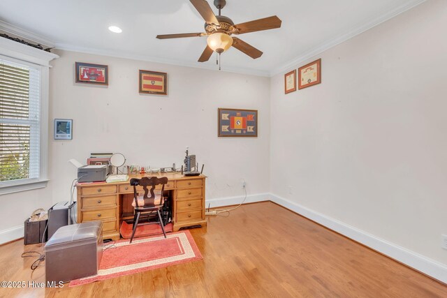 3400 Canmorre Ct, Fayetteville, NC 28306 - home office featuring crown molding, ceiling fan, and baseboards