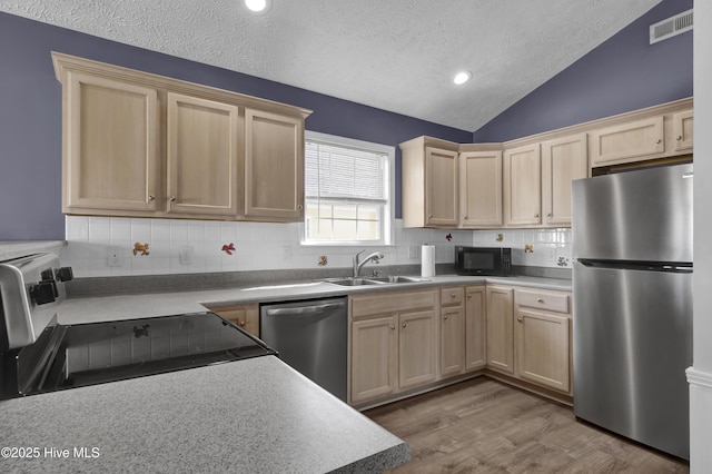 kitchen featuring visible vents, a sink, light brown cabinetry, and appliances with stainless steel finishes