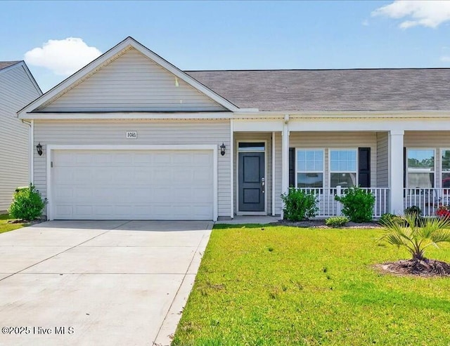 view of front of house with covered porch, driveway, a garage, a front yard, and a shingled roof