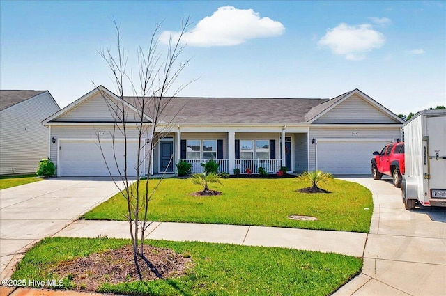 single story home with an attached garage, concrete driveway, covered porch, and a front yard