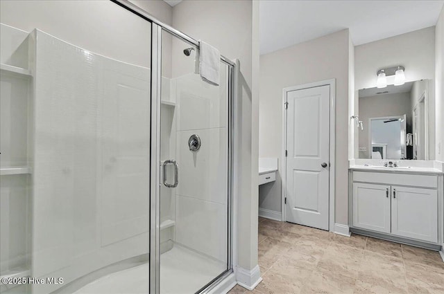 bathroom featuring a stall shower and vanity