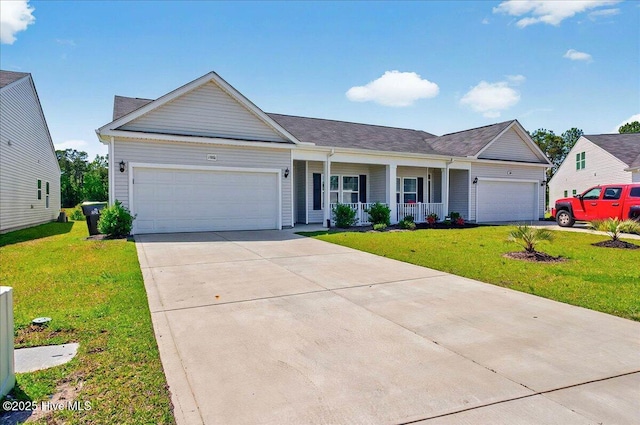 ranch-style home with a front yard, a porch, driveway, and a garage