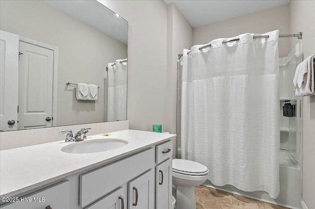 full bath with toilet, vanity, and shower / bath combination with curtain