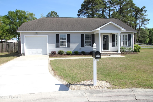 ranch-style house with a garage, fence, a front yard, roof with shingles, and concrete driveway