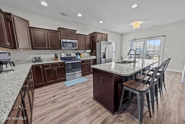 kitchen with a sink, appliances with stainless steel finishes, light wood finished floors, and visible vents