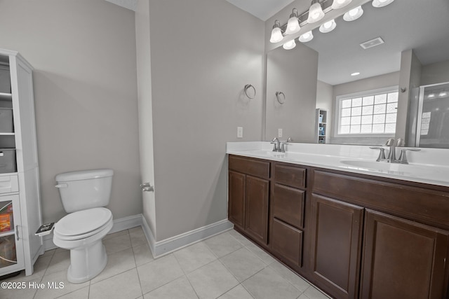 bathroom featuring visible vents, tile patterned flooring, double vanity, toilet, and a sink