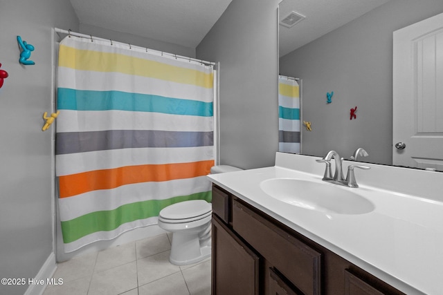 full bathroom featuring a shower with curtain, visible vents, tile patterned floors, vanity, and toilet