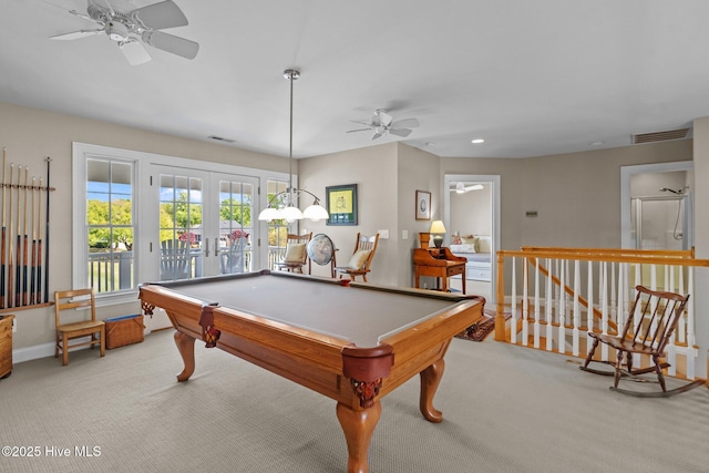 423 Black Diamond Dr, Wilmington, NC 28411 - game room with billiards, ceiling fan, visible vents, and carpet floors