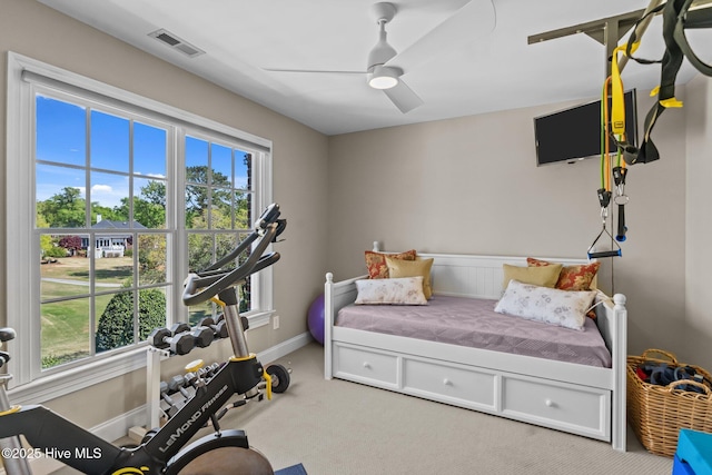 423 Black Diamond Dr, Wilmington, NC 28411 - bedroom with light carpet, visible vents, baseboards, and ceiling fan