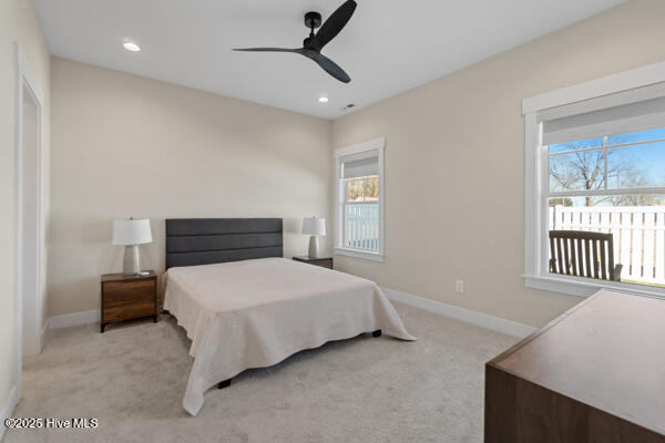 119 Bridgetowne Ave, Edenton, NC 27932 - bedroom with recessed lighting, carpet, baseboards, and a ceiling fan
