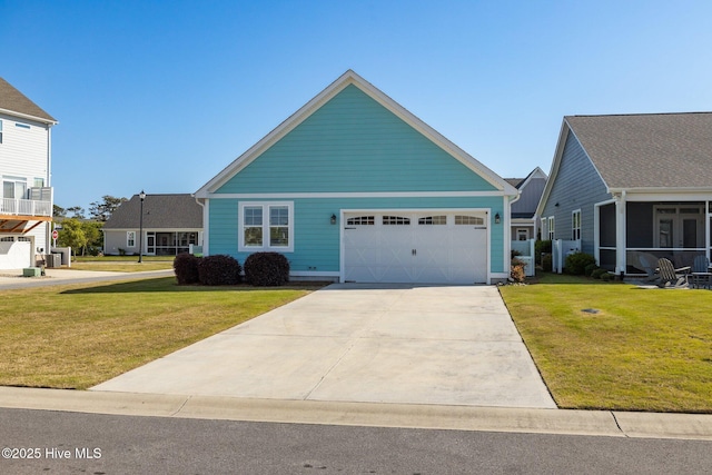 craftsman inspired home with a front yard, driveway, a sunroom, and an attached garage