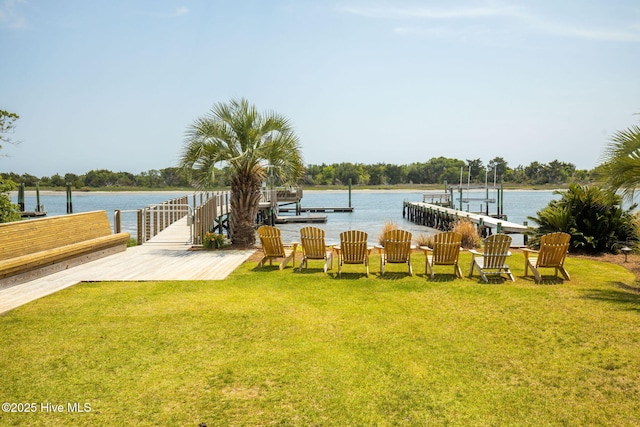 exterior space with a water view, a boat dock, and boat lift