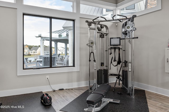 workout room featuring wood finished floors, baseboards, and a wealth of natural light