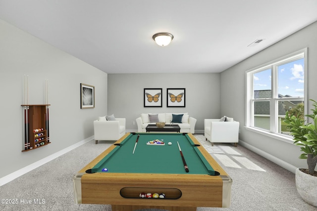 playroom featuring pool table, carpet flooring, visible vents, and baseboards