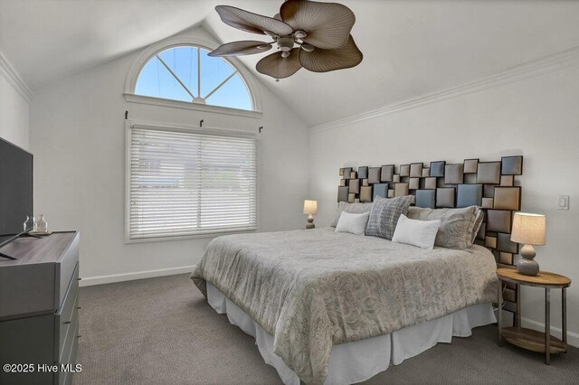 1957 Prestwick Ln, Wilmington, NC 28405 - carpeted bedroom with vaulted ceiling, baseboards, ornamental molding, and a ceiling fan