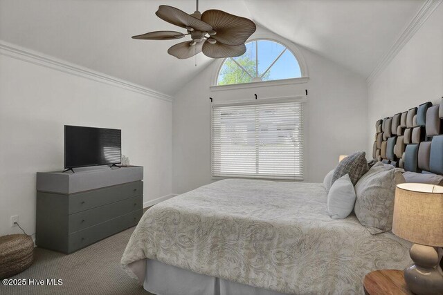 1957 Prestwick Ln, Wilmington, NC 28405 - carpeted bedroom featuring lofted ceiling, ornamental molding, and ceiling fan