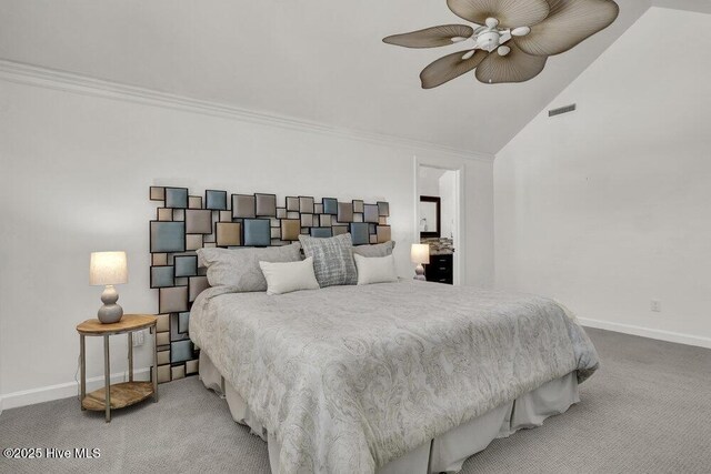 1957 Prestwick Ln, Wilmington, NC 28405 - bedroom with carpet, baseboards, crown molding, a ceiling fan, and high vaulted ceiling