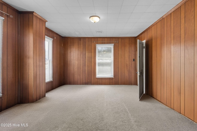 unfurnished room featuring wood walls, plenty of natural light, and carpet flooring