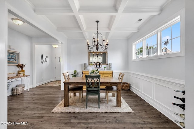 41 S Lamplighters Walk, Hampstead, NC 28443 - dining room with a chandelier, beam ceiling, coffered ceiling, dark wood-style floors, and wainscoting
