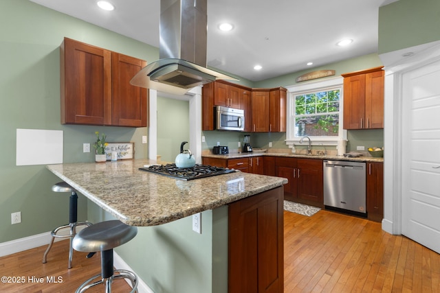kitchen with a kitchen breakfast bar, light wood-type flooring, a peninsula, appliances with stainless steel finishes, and island exhaust hood