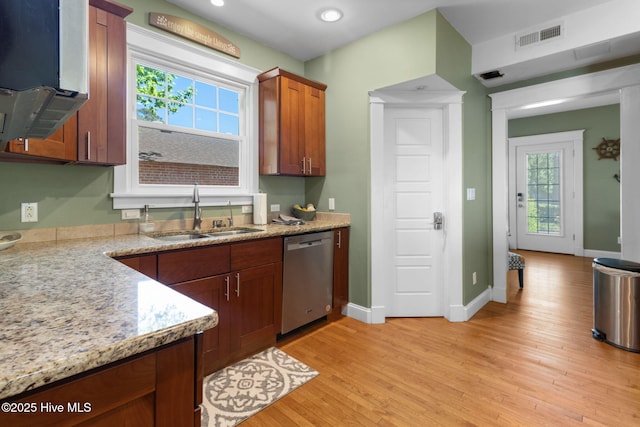 kitchen featuring visible vents, baseboards, a sink, light wood finished floors, and stainless steel dishwasher