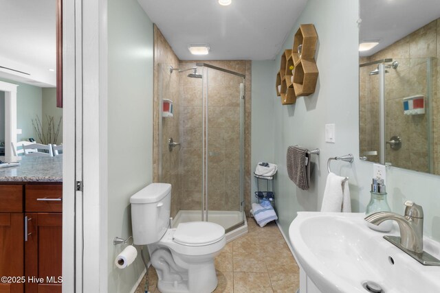 full bathroom featuring toilet, a shower stall, tile patterned flooring, and vanity