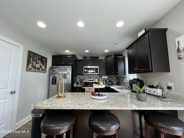 kitchen featuring a sink, appliances with stainless steel finishes, dark cabinetry, a peninsula, and backsplash