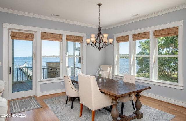 dining room featuring visible vents, plenty of natural light, and a water view