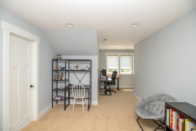home office featuring baseboards, recessed lighting, visible vents, and light carpet